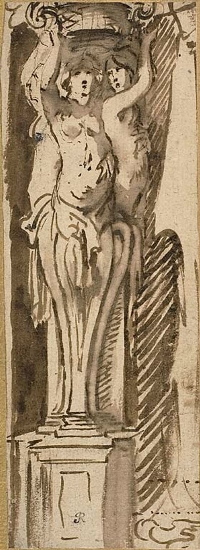 Kolme karyatidia tukemassa koria tekijältä Jacob Jordaens