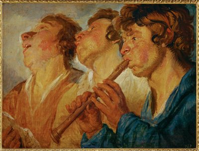 Kolme vaeltavaa muusikkoa, kaksi laulaa, kolmas soittaa... (maalaus puulle) tekijältä Jacob Jordaens