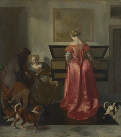 Kaksi naista ja mies musiikissa, n. 1675 tekijältä Jacob Lucasz. Ochtervelt