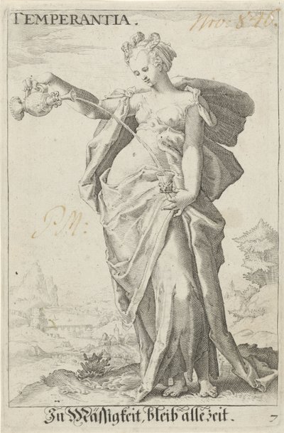 Matigheid (raittius) Temperance (otsikko esineessä) tekijältä Jacob Matham (attributed to)