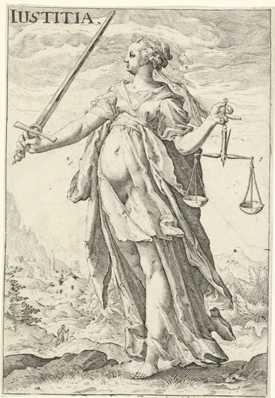 Oikeus (Justitia) Iustitia (otsikko esineessä) tekijältä Jacob Matham (attributed to)