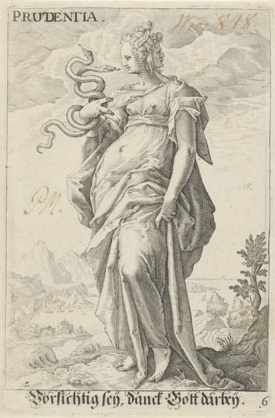 Varoitus (Prudentia) Prudentia (otsikko esineessä) tekijältä Jacob Matham (attributed to)