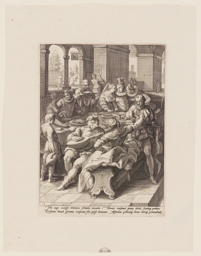 Tuhlaajapoika juhlimassa huorien kanssa, teoksesta The History of the Prodigal Son (Tuhlaajapojan historia) tekijältä Jacob Matham