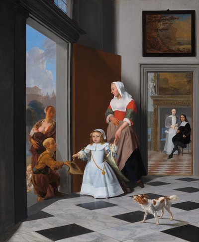 Sairaanhoitaja ja lapsi tyylikkäässä eteisessä, 1663. tekijältä Jacob Lucasz Ochtervelt
