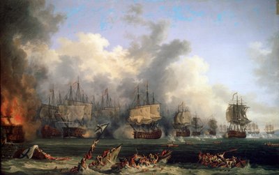 Venäläisen taistelulaivan St. Evstafius uppoaminen Chesman meritaistelussa 1771. tekijältä Jacob Philipp Hackert