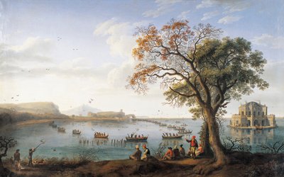 Nokikan metsästys Fusano-järvellä (öljy kankaalle) tekijältä Jacob Philippe Hackert