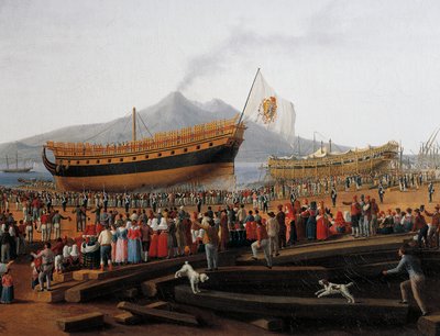 Laivan laukaisu Castellammare di Stabian telakalla (öljy kankaalle) tekijältä Jacob Philippe Hackert