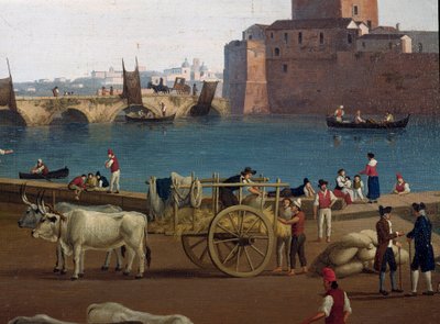 Näkymä Taranton (Taranto) satamasta Italiassa 1700-luvulla Satamassa satamassa tavaroita purkamassa, härän vetämässä vaunussa - Jacob Philipp Hackertin maalaus dit Hackert d