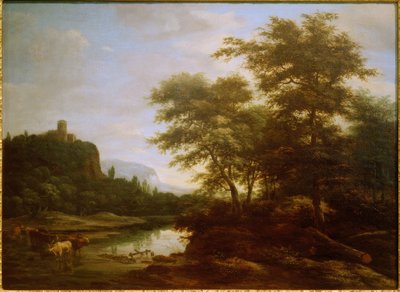 Maisema, jossa on lehmälauma lammen rannalla tekijältä Jacob Salomonsz van Ruysdael