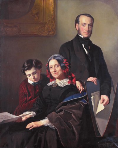 Jacob Spoelin opettajan, taidemaalari Willem Hendrik Schmidtin (1809-49) leski A. J. Schmidt-Keiser veljensä J. N. Keiserin ja hänen kymmenvuotiaan poikansa kanssa. tekijältä Jacob Spoel