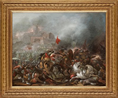 Taistelu turkkilaisten ja kristittyjen välillä ottomaanien armeijan valtauksen aikana Konstantinopolin vuonna 1453 - Jacob Matthias Weyerin (1620-1670) maalaus, öljy puulle (39x49 cm) - Turkin sota, Jacob Matthias Weyerin öljy puulle - Yksityiskokoelma tekijältä Jacob Weyer