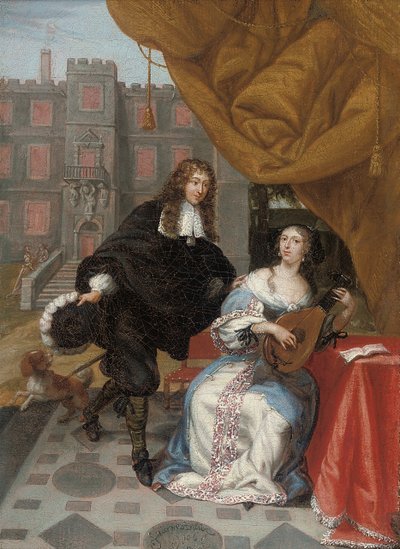 Herrasmies seurustelee naisen kanssa musiikin tekemisessä pihalla, 1668 tekijältä Jacob de Fourmentrou
