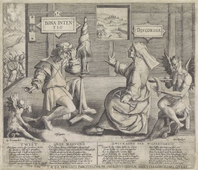 Allegoria hyvän tarkoituksen (Bona Intentio) ja epäsopun (Discordia) persoonallisuuksilla tekijältä Jacob de Gheyn (I) (circle of)