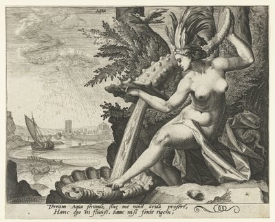 Veden elementti Aqua (otsikko esineessä) The Four Elements (sarjan nimi) tekijältä Jacob de Gheyn (II) (attributed to)