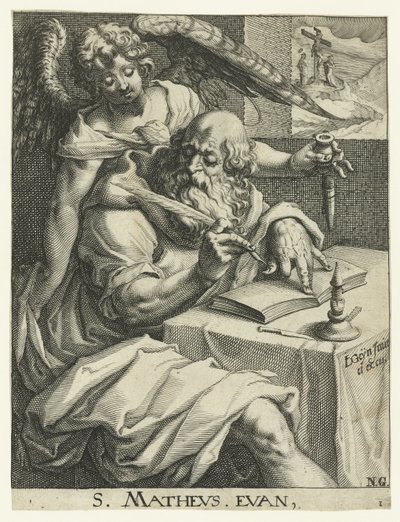 Evankelista Mattheus Neljä evankelistaa (sarjan nimi) tekijältä Jacob de Gheyn (II) (workshop of)