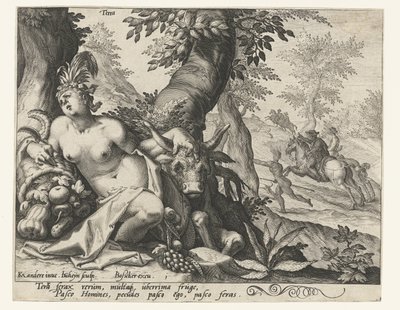 Elementti maa Terra (otsikko esineessä) The Four Elements (sarjan nimi) tekijältä Jacob de Gheyn (II)