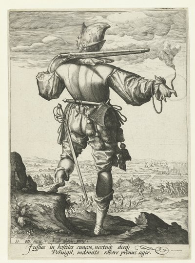 Muskettisoturi (harquebusier?) kypärä päässä Upseerit ja sotilaat (sarjan nimi) tekijältä Jacob de Gheyn (II)