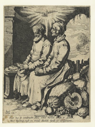 Vanha pariskunta rukoilee Vreedsamich paer (otsikko esineessä) tekijältä Jacob de Gheyn (III)