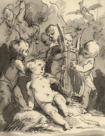 Putti soittaa lyyraa (punainen liitu, kynä ja musta muste ja harmaa pesu) tekijältä Jacob de Wit