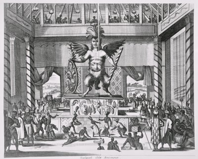 Meksikon jumala Huitzilopochtli, kirjasta "Montanus de Nieuwe en Onbekende Weereld", 1671 tekijältä Jacob van Meurs