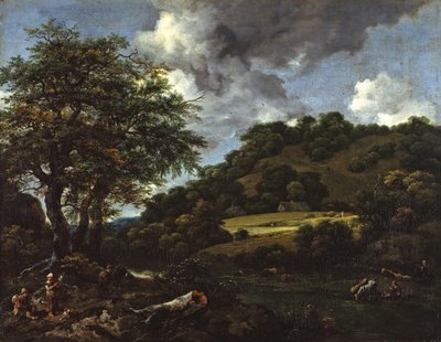 Kumpuileva maisema, jossa on korkeita tammia tekijältä Jacob van Ruisdael