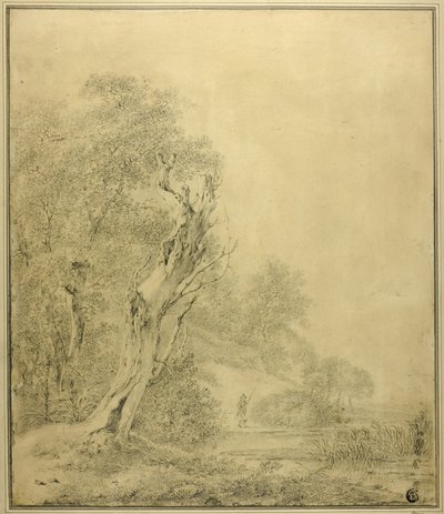 Kuollut puu veden äärellä, hahmo lähestyy sauvan kanssa tekijältä Jacob van Ruisdael