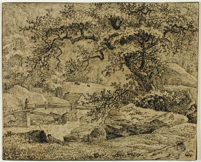 Maisema, jossa hahmo lepää puun alla virran vieressä tekijältä Jacob van Ruisdael