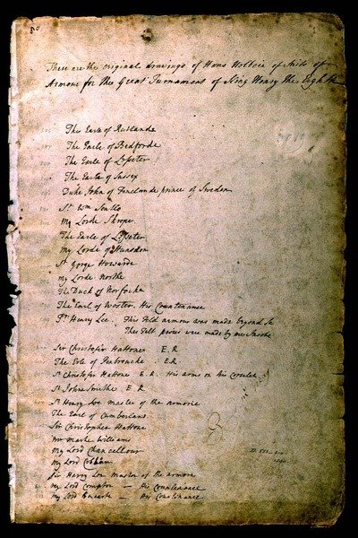 Haarniskapukujen hakemisto An Elizabethan Armourers -albumista, n. 1589 tekijältä Jacobe Halder