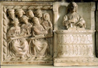 Carlon, Roberton ja Riccardo da Saliceton hautausmuistomerkki: kurssille osallistuvia opiskelijoita (veistos, n. 1403) tekijältä Jacobello and Pier Paolo dalle Masegne