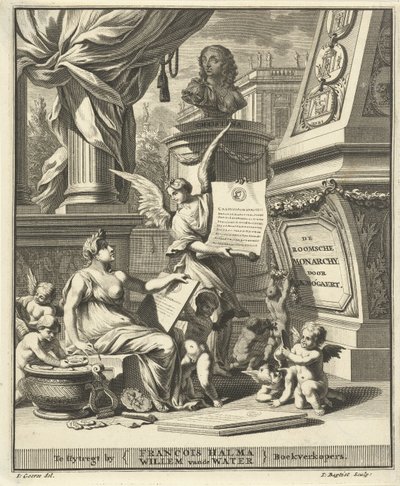 Nimisivu A. Bogaertille, Rooman monarkia, esitetty läntisen ja itäisen keisarin kolikoissa, Utrecht 1697 tekijältä Jacobus Baptist