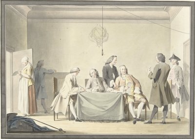 Komissaarien kokous Liberale Giften eli 50. mitalin vastaanottamiseksi 12. syyskuuta 1747 tekijältä Jacobus Buys (signed by artist)
