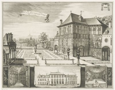 Näkymä Rubensin talosta Antwerpenissä Näkymä Hilweruen talosta Antwerpenissä Parties de la maison Hilwerue Aanvers 1692 (otsikko esineessä) tekijältä Jacobus Harrewijn