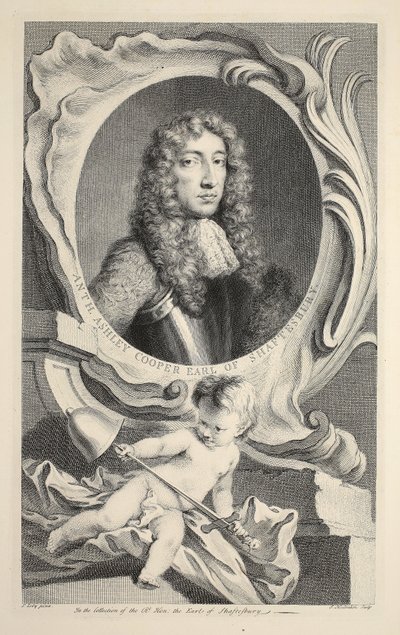 Anthony Ashley Cooperin, Earl of Shaftesburyn muotokuva, kuvitus teoksesta Heads of Illustrious Persons of Great Britain, pub. kirjoittanut Knapton, Lontoo 1742 tekijältä Jacobus Houbraken