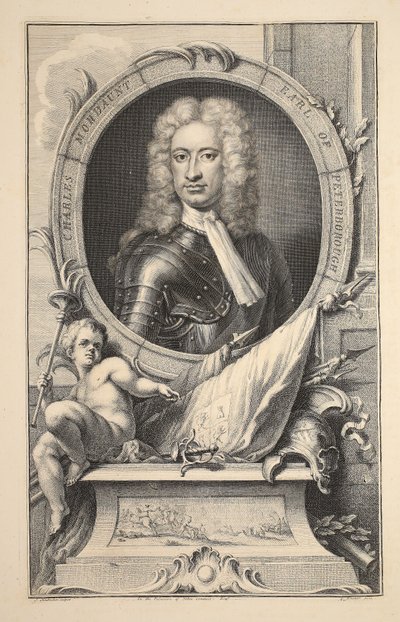 Muotokuva Charles Mordauntista, Earl of Peterborough, kuvitus teoksesta "Heads of Illustrious Persons of Great Britain", pub. kirjoittanut Knapton, Lontoo 1742 tekijältä Jacobus Houbraken