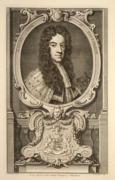 Muotokuva Danielista, Earl of Nottingham, kuvitus teoksesta Heads of Illustrious Persons of Great Britain, pub. kirjoittanut Knapton, Lontoo 1742 (kaiverrus) tekijältä Jacobus Houbraken