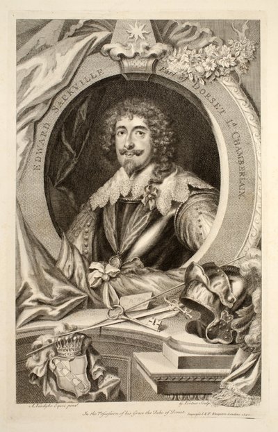 Edward Sackvillen muotokuva, kuvitus teoksesta "Heads of Illustrious Persons of Great Britain", julkaisija Knapton, Lontoo 1742. tekijältä Jacobus Houbraken