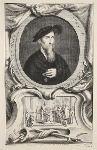 Muotokuva Edward Seymourista, Somersetin herttuasta, kuvitus teoksesta Heads of Illustrious Persons of Great Britain, pub. kirjoittanut Knapton, Lontoo 1742 tekijältä Jacobus Houbraken