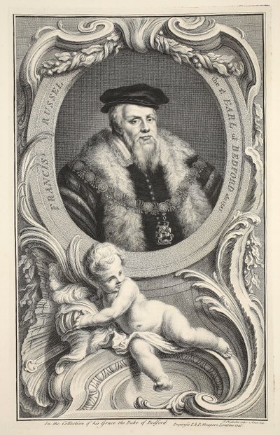 Francis Russellin muotokuva, kuvitus teoksesta "Heads of Illustrious Persons of Great Britain", julkaisija Knapton, Lontoo 1742. tekijältä Jacobus Houbraken