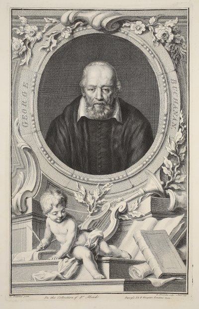 George Buchananin muotokuva Frans Pourbuksen mukaan, kuvitus teoksesta Heads of Illustrious Persons of Great Britain, pub. kirjoittanut Knapton, Lontoo 1742 tekijältä Jacobus Houbraken