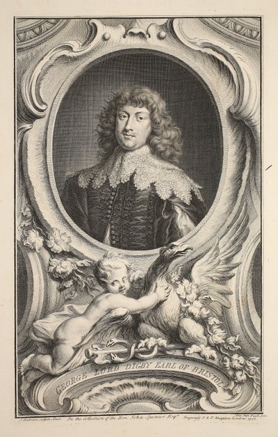 Bristolin jaarlin lordi George Digbyn muotokuva, kuvitus teoksesta "Heads of Illustrious Persons of Great Britain", julkaisija Knapton, Lontoo 1742. tekijältä Jacobus Houbraken