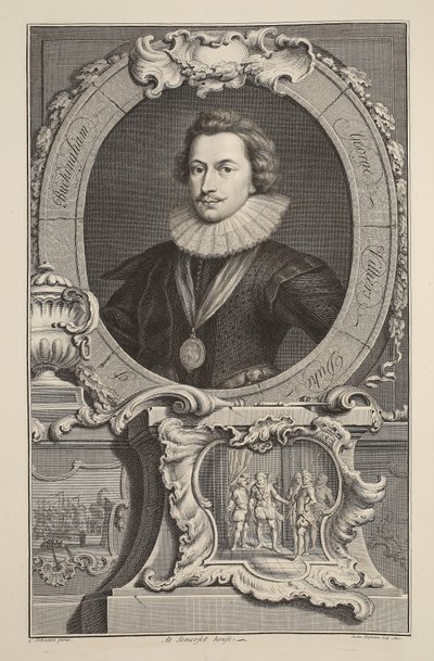 George Villiersin, Buckinghamin herttuan muotokuva, kuvitus teoksesta Heads of Illustrious Persons of Great Britain, pub. kirjoittanut Knapton, Lontoo 1742 tekijältä Jacobus Houbraken