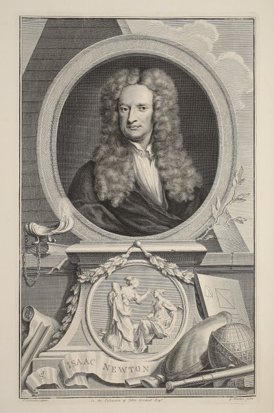 Isaac Newtonin muotokuva, kuvitus teoksesta "Heads of Illustrious Persons of Great Britain", julkaisija Knapton, Lontoo 1742. tekijältä Jacobus Houbraken
