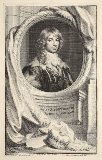 Richmondin ja Lennoxin herttuan James Stuartin muotokuva, kuvitus teoksesta Heads of Illustrious Persons of Great Britain, pub. kirjoittanut Knapton, Lontoo 1742 tekijältä Jacobus Houbraken