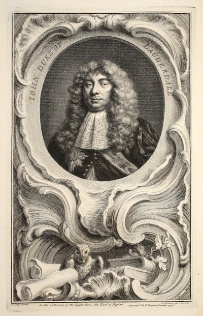 Lauderdalen herttua Johnin muotokuva, kuvitus teoksesta Heads of Illustrious Persons of Great Britain, pub. kirjoittanut Knapton, Lontoo 1742 tekijältä Jacobus Houbraken