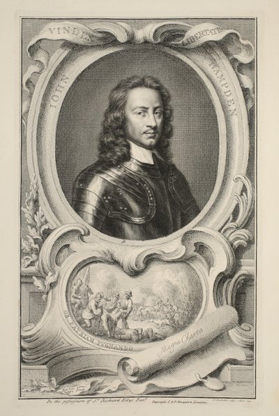 John Hampdenin muotokuva, kuvitus teoksesta Heads of Illustrious Persons of Great Britain, pub. kirjoittanut Knapton, Lontoo 1742 tekijältä Jacobus Houbraken