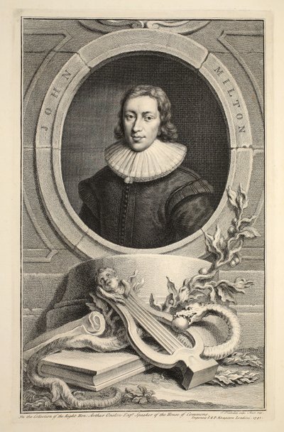 John Miltonin muotokuva, kuvitus teoksesta "Heads of Illustrious Persons of Great Britain", julkaisija Knapton, Lontoo 1742. tekijältä Jacobus Houbraken