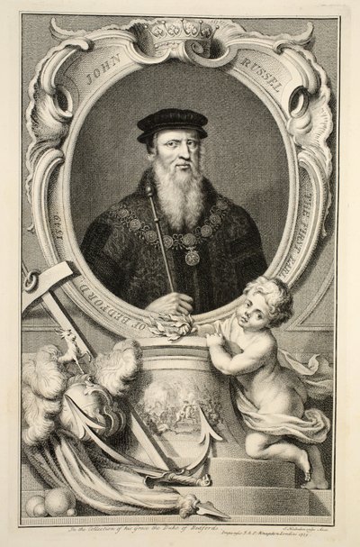 John Russellin muotokuva, kuvitus teoksesta Heads of Illustrious Persons of Great Britain, pub. kirjoittanut Knapton, Lontoo 1742 tekijältä Jacobus Houbraken