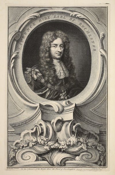 Laurence Hyden, Earl of Rochesterin muotokuva, kuvitus teoksesta Heads of Illustrious Persons of Great Britain, pub. kirjoittanut Knapton, Lontoo 1742 tekijältä Jacobus Houbraken