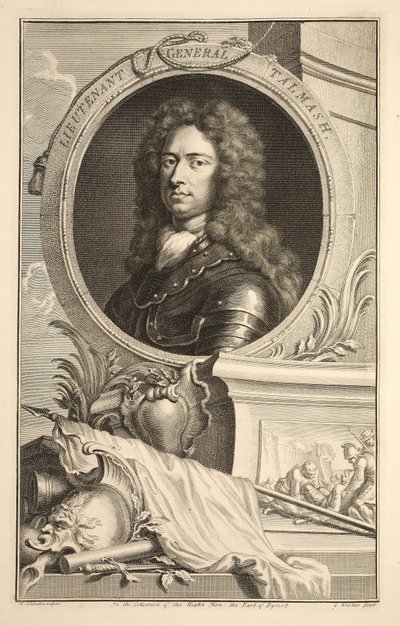 Kenraaliluutnantti Talmashin muotokuva, kuvitus teoksesta Heads of Illustrious Persons of Great Britain, pub. kirjoittanut Knapton, Lontoo 1742 tekijältä Jacobus Houbraken