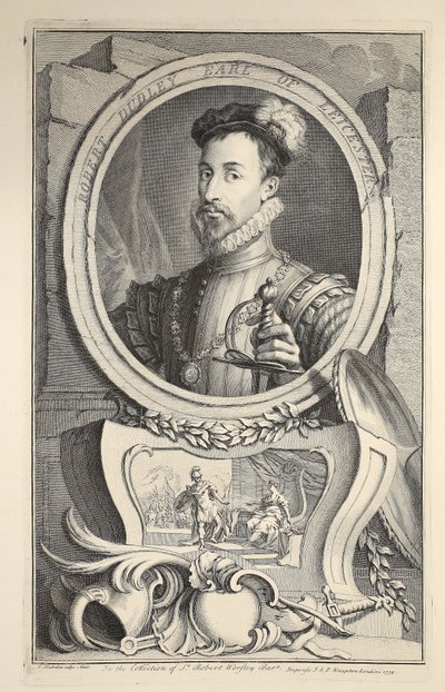 Muotokuva Robert Dudleysta, Earl of Leicester, kuvitus teoksesta Heads of Illustrious Persons of Great Britain, pub. kirjoittanut Knapton, Lontoo 1742 tekijältä Jacobus Houbraken